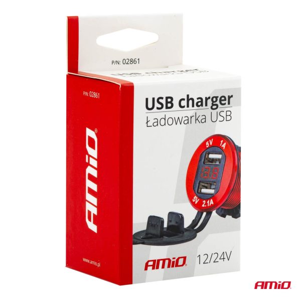 Cargador impermeable con pantalla de voltaje 2xUSB 12/24V MOD-11