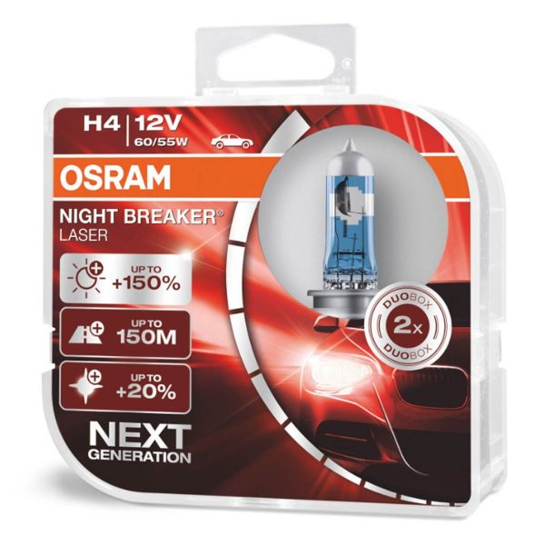 Bombilla Halógena Osram H4 12V 60/55W P43t NIGHT BREAKER LASER +150% /2 unid.