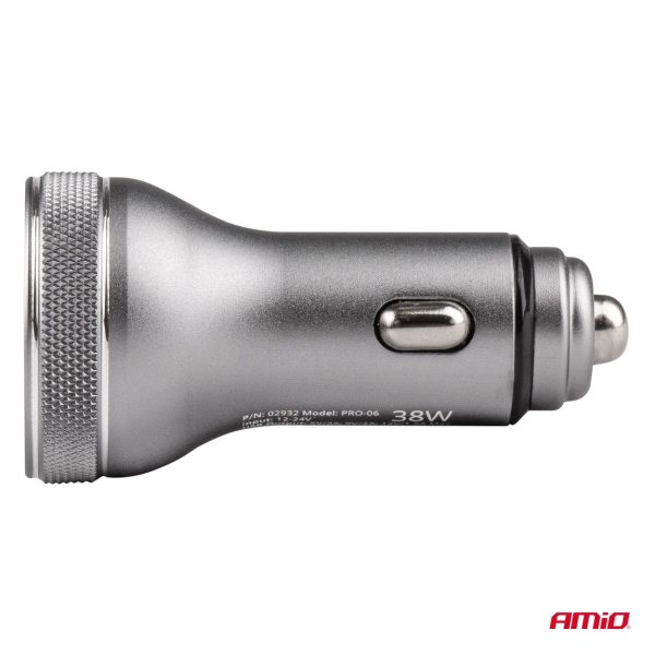 Cargador USB con voltímetro 38W PCH PRO-06 USB+USB-C 12/24V
