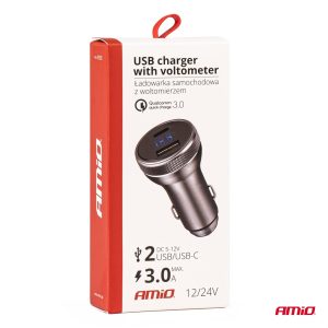 Cargador USB con voltímetro 38W PCH PRO-06 USB+USB-C 12/24V