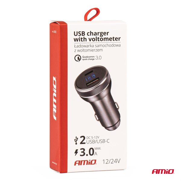 Cargador USB con voltímetro 38W PCH PRO-06 USB+USB-C 12/24V