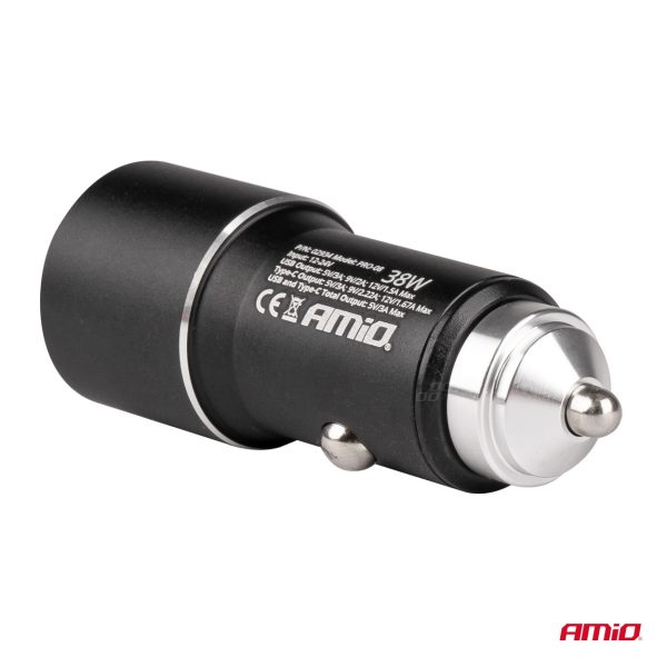 Cargador de coche de aluminio PCH PRO-08 USB-C+USB 38W 12/24V