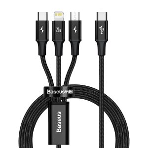 Cable Baseus USB-C 3 en 1 RAPID Series, micro USB / Lightning / USB-C, 20W, 1.5m negro