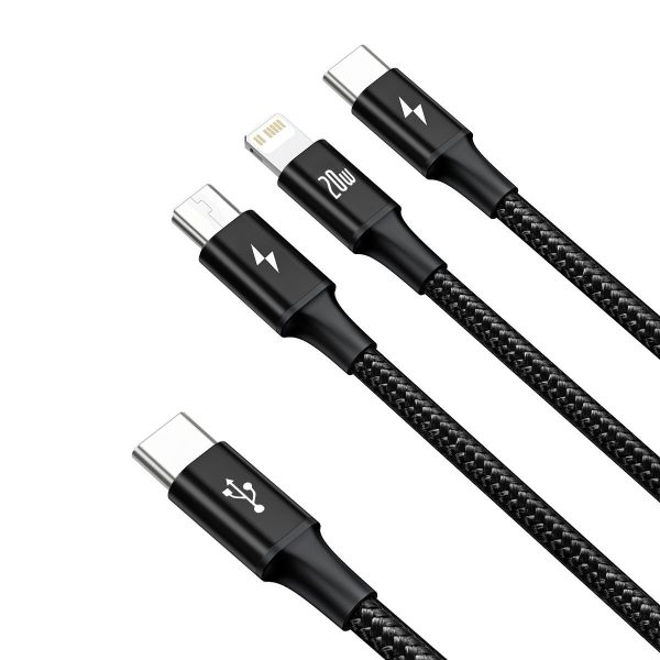 Cable Baseus USB-C 3 en 1 RAPID Series, micro USB / Lightning / USB-C, 20W, 1.5m negro