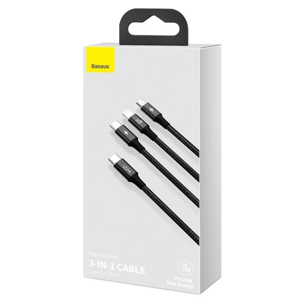 Cable Baseus USB-C 3 en 1 RAPID Series, micro USB / Lightning / USB-C, 20W, 1.5m negro