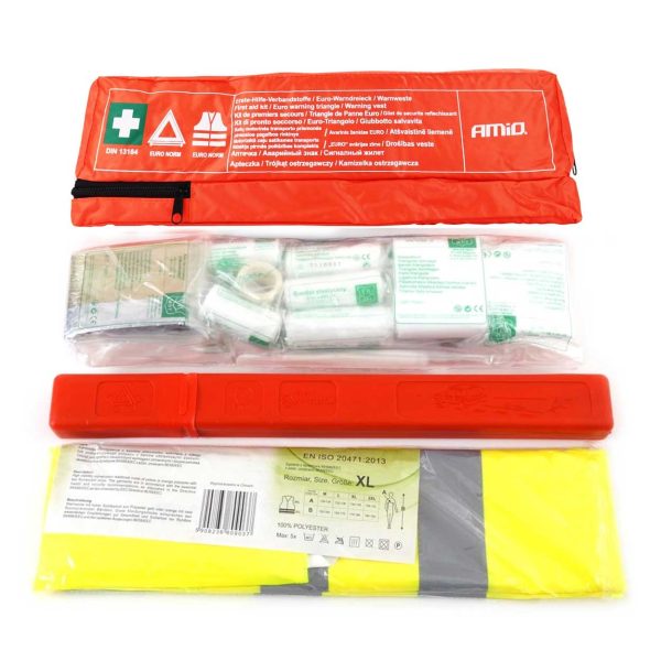 Kit COMBI PLUS (Botiquin Primeros Auxilios, Chaqueta Reflectante, Triángulo de Advertencia)